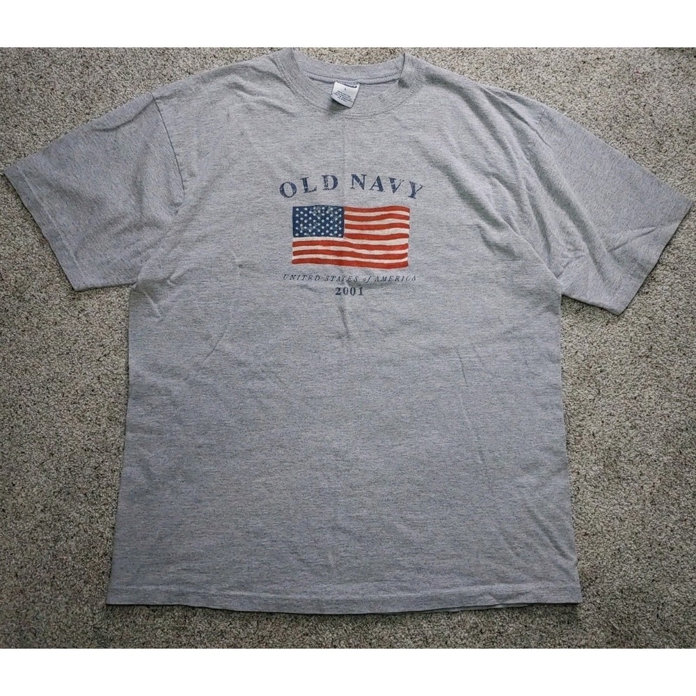 Old Navy Vintage 2001 American Flag T-Shirt Gray Size Large USA Festive